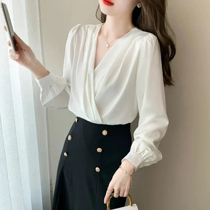 Chiffon Blouse for Women with V-Neckline: olive brown, dark taupe women's blouse, elegant minimalist style