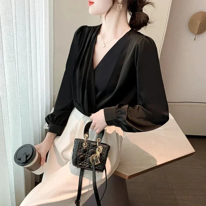 Chiffon Blouse for Women with V-Neckline: olive brown, dark taupe women's blouse, elegant minimalist style