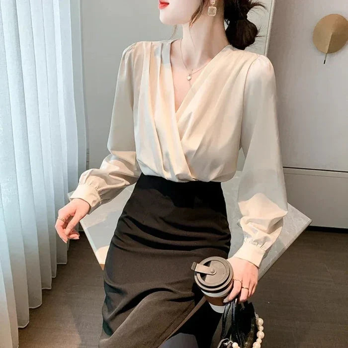 Chiffon Blouse for Women with V-Neckline: olive brown, dark taupe women's blouse, elegant minimalist style
