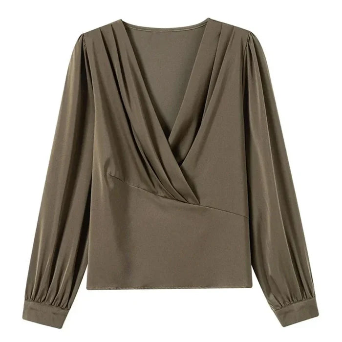 Chiffon Blouse for Women with V-Neckline: olive brown, dark taupe women's blouse, elegant minimalist style