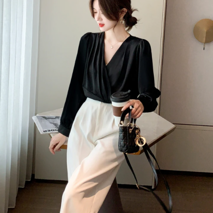 Chiffon Blouse for Women with V-Neckline: olive brown, dark taupe women's blouse, elegant minimalist style