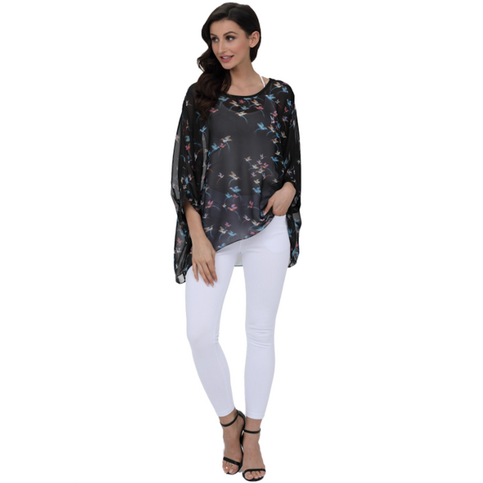 Chiffon Top with Printed Birds for Women: black, multicolor women's off-shoulder poncho-style top, flowy bohemian style