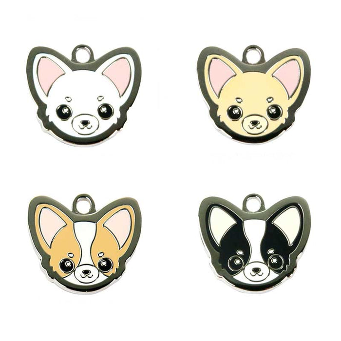 Chihuahua Dog ID Tags with Engraving: white, black dog, cartoon kawaii style