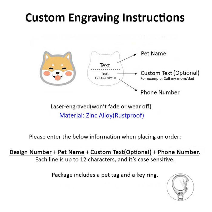 Chihuahua Dog ID Tags with Engraving: white, black dog, cartoon kawaii style