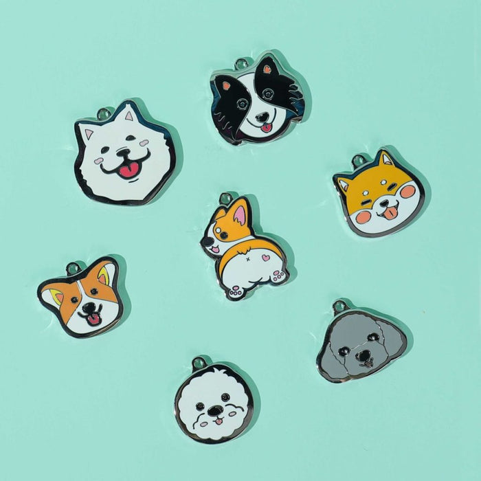 Chihuahua Dog ID Tags with Engraving: white, black dog, cartoon kawaii style