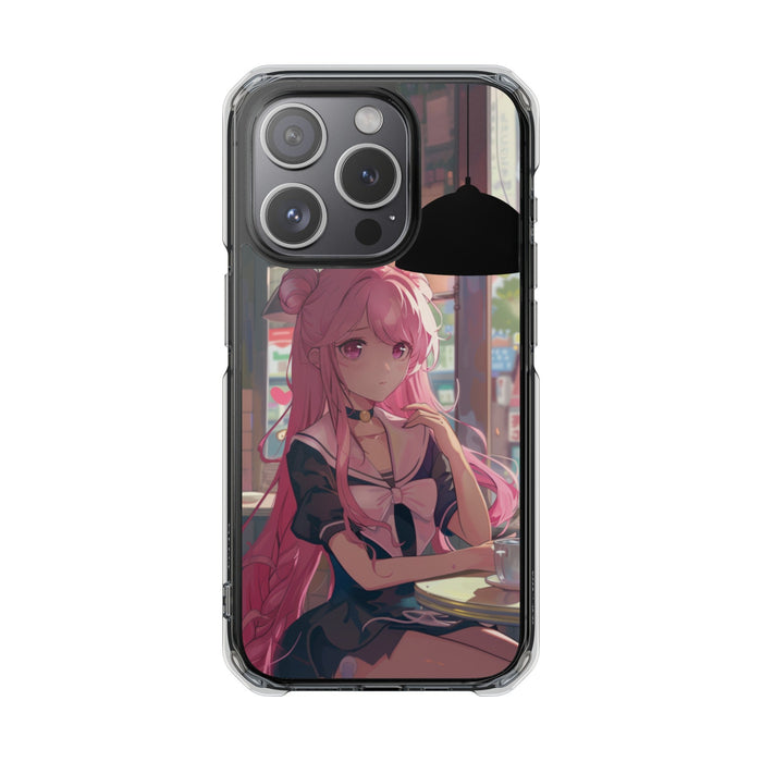 Chill Anime Girl Magnetic iPhone Case for Cafe Vibes: clear, black anime-style pink-haired girl, anime, cartoon style