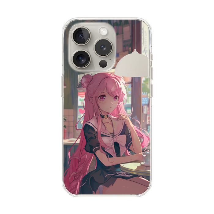 Chill Anime Girl Magnetic iPhone Case for Cafe Vibes: clear, black anime-style pink-haired girl, anime, cartoon style