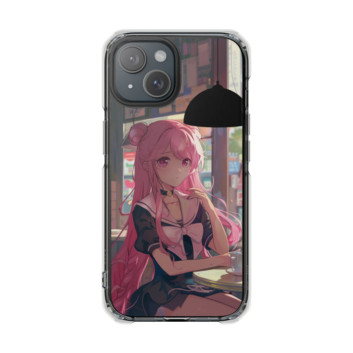 Chill Anime Girl Magnetic iPhone Case for Cafe Vibes: clear, black anime-style pink-haired girl, anime, cartoon style
