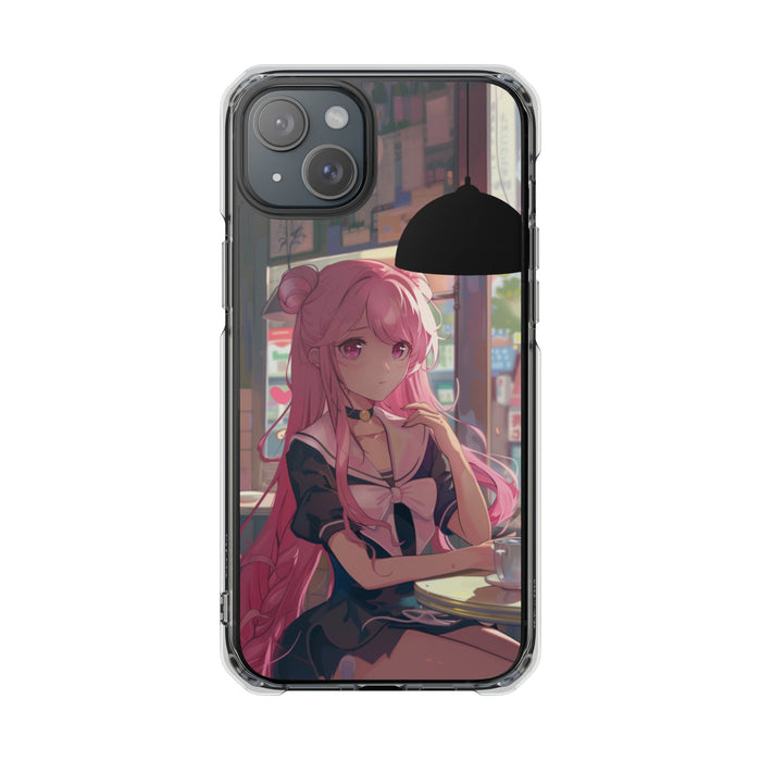 Chill Anime Girl Magnetic iPhone Case for Cafe Vibes: clear, black anime-style pink-haired girl, anime, cartoon style