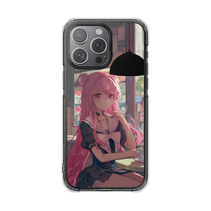 Chill Anime Girl Magnetic iPhone Case for Cafe Vibes: clear, black anime-style pink-haired girl, anime, cartoon style