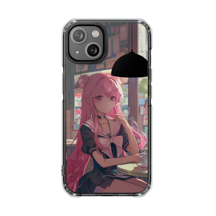 Chill Anime Girl Magnetic iPhone Case for Cafe Vibes: clear, black anime-style pink-haired girl, anime, cartoon style
