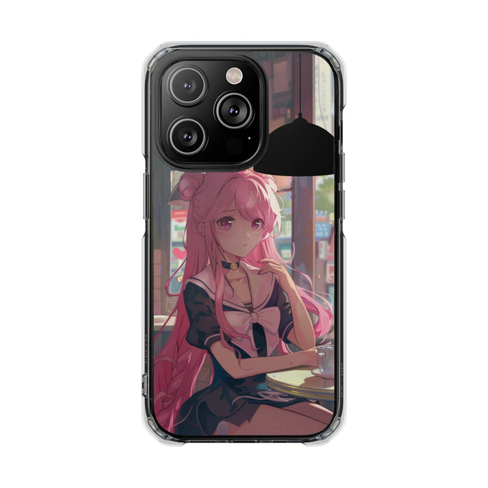 Chill Anime Girl Magnetic iPhone Case for Cafe Vibes: clear, black anime-style pink-haired girl, anime, cartoon style