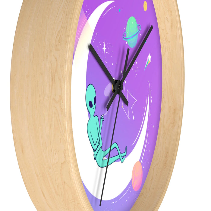 Chilltime Extraterrestrial Wall Clock: purple, white alien in space, cartoon, whimsical space theme style