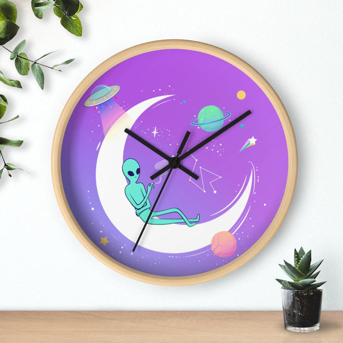 Chilltime Extraterrestrial Wall Clock: purple, white alien in space, cartoon, whimsical space theme style