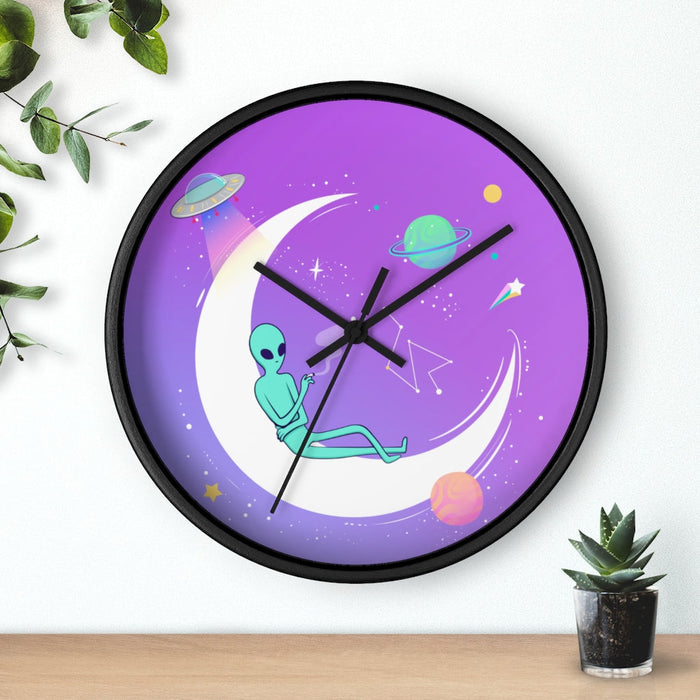 Chilltime Extraterrestrial Wall Clock: purple, white alien in space, cartoon, whimsical space theme style