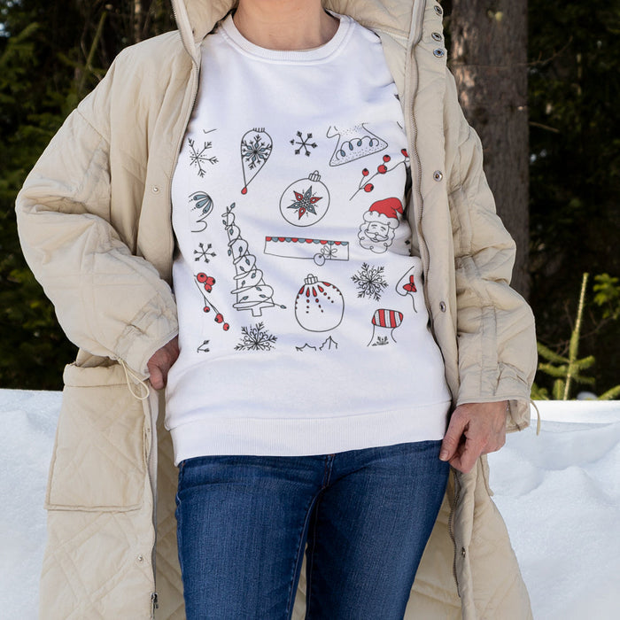 Christmas-themed Sweater for Women: white, black Christmas/holiday theme, minimal cartoon holiday graphic style