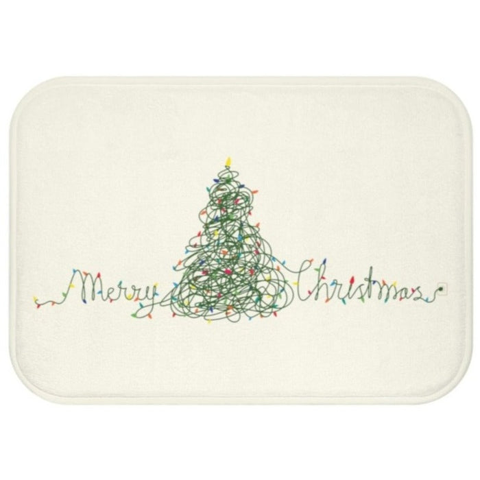 Christmas Tree Lights Bathroom Rug, Festive Home Decor: off-white, green Christmas tree and "Merry Christmas" text, festive h