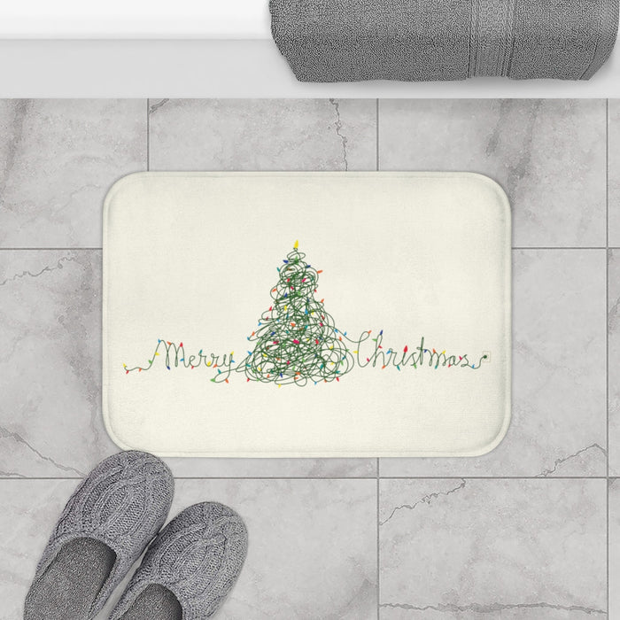 Christmas Tree Lights Bathroom Rug, Festive Home Decor: off-white, green Christmas tree and "Merry Christmas" text, festive h