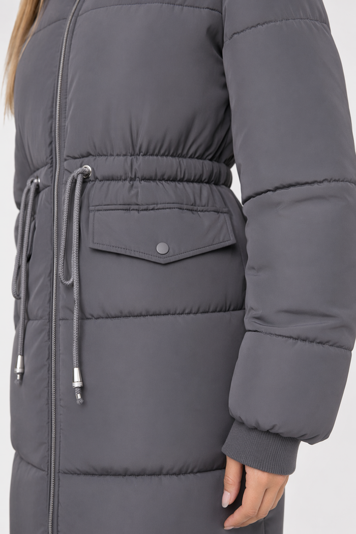 Cinch Waist Puffer Coat with Cozy Hood for Women Gray