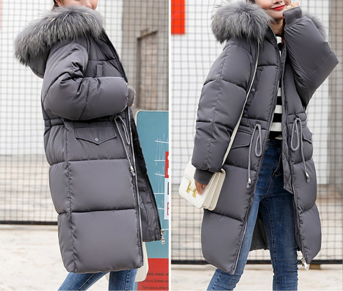 Cinch Waist Puffer Coat with Cozy Hood for Women: dark gray, gray faux-fur trim long puffer coat, casual winter outerwear sty