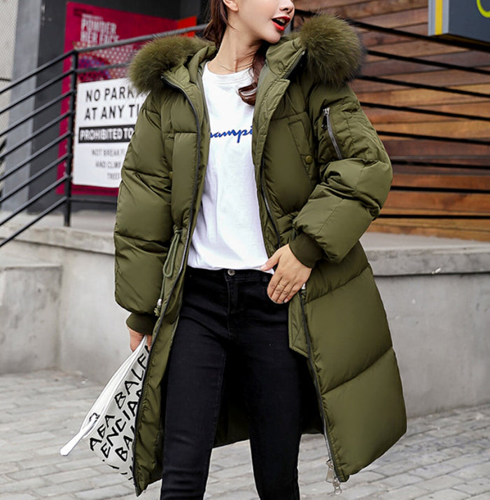 Cinch Waist Puffer Coat with Cozy Hood for Women: dark gray, gray faux-fur trim long puffer coat, casual winter outerwear sty
