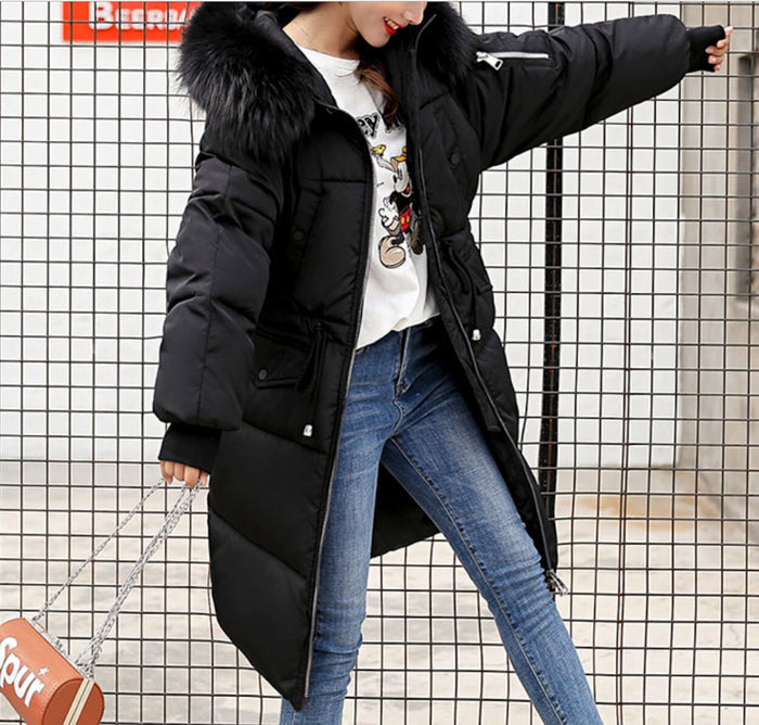 Cinch Waist Puffer Coat with Cozy Hood for Women: dark gray, gray faux-fur trim long puffer coat, casual winter outerwear sty