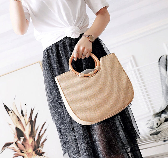 Circular Handled Straw Tote Bag: beige, tan handbag, minimal style