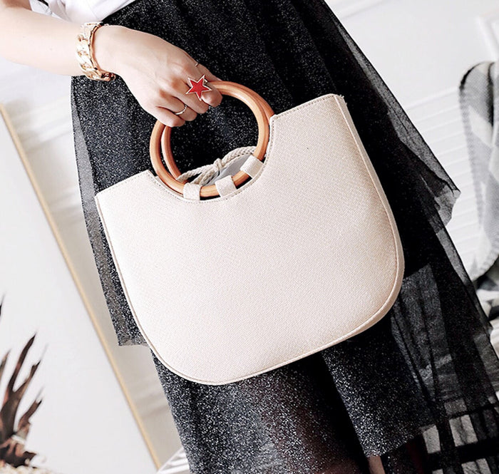 Circular Handled Straw Tote Bag: beige, tan handbag, minimal style