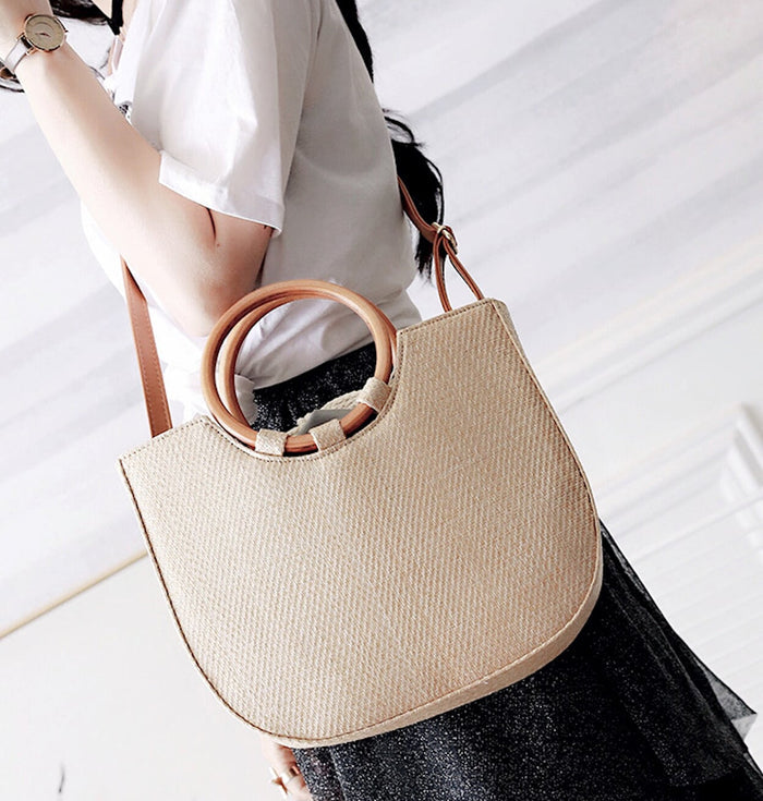 Circular Handled Straw Tote Bag: beige, tan handbag, minimal style