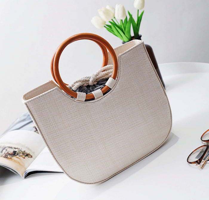 Circular Handled Straw Tote Bag: beige, tan handbag, minimal style