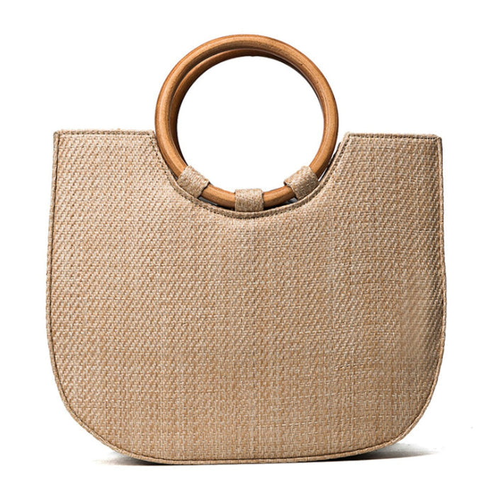 Circular Handled Straw Tote Bag: beige, tan handbag, minimal style