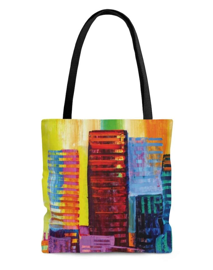 Cityscape Essentials Print Medium Tote Bag: black, yellow abstract city buildings, colorful abstract urban art style