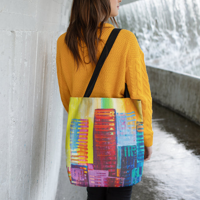 Cityscape Essentials Print Medium Tote Bag: black, yellow abstract city buildings, colorful abstract urban art style