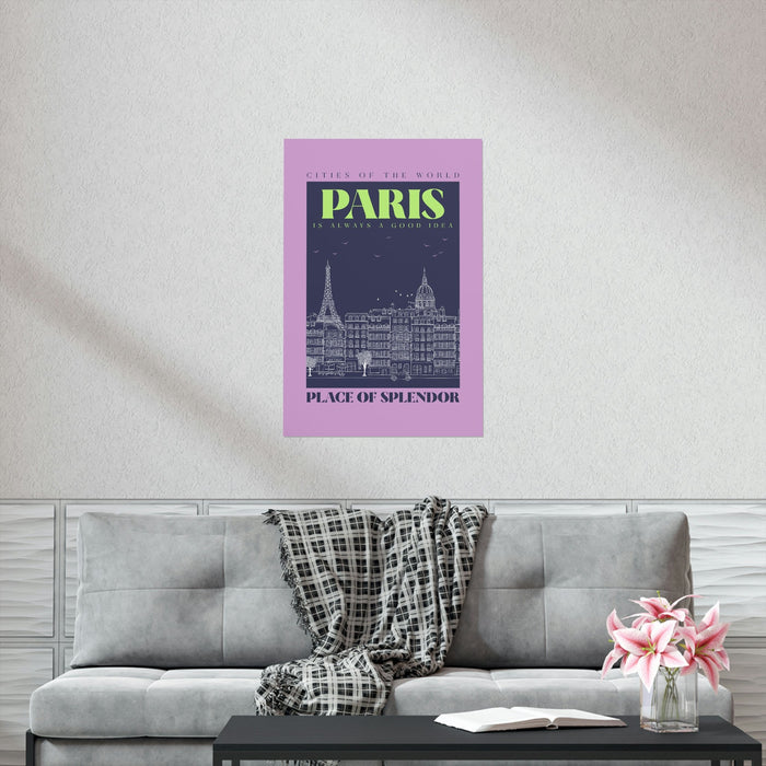 Cityscape of Paris Poster: pink, dark navy blue Paris cityscape, vintage travel poster graphic style