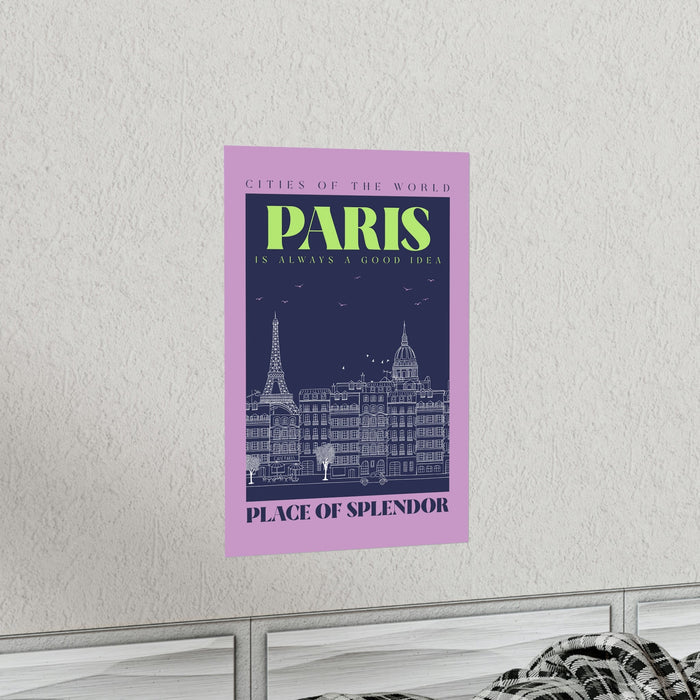 Cityscape of Paris Poster: pink, dark navy blue Paris cityscape, vintage travel poster graphic style