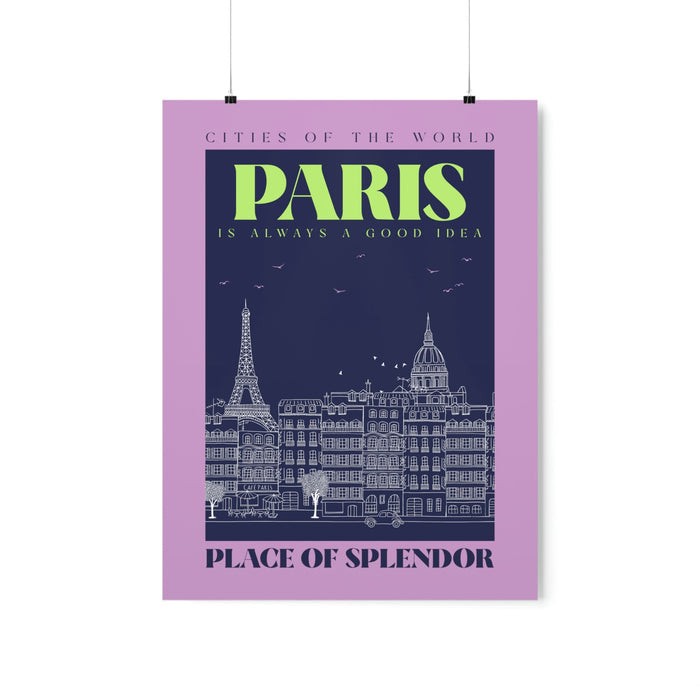 Cityscape of Paris Poster: pink, dark navy blue Paris cityscape, vintage travel poster graphic style