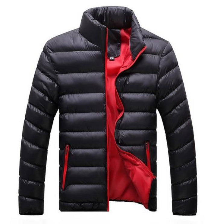 Classic Men's Padded Flight Jacket: black, red puffer jacket, minimal sporty style