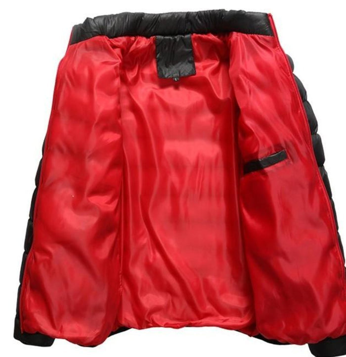 Classic Men's Padded Flight Jacket: black, red puffer jacket, minimal sporty style