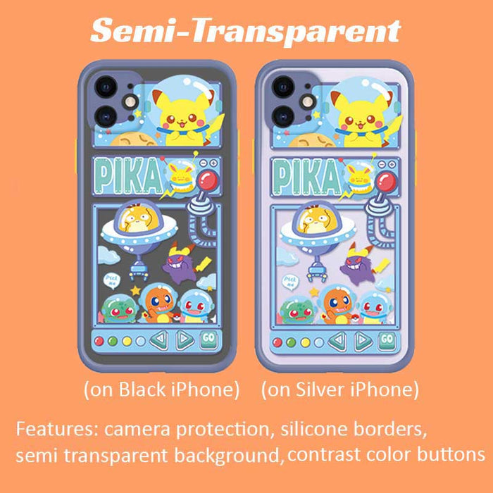 Claw machine phone case, durable protection: blue, gray Pikachu and other cartoon creature characters, kawaii cartoon style