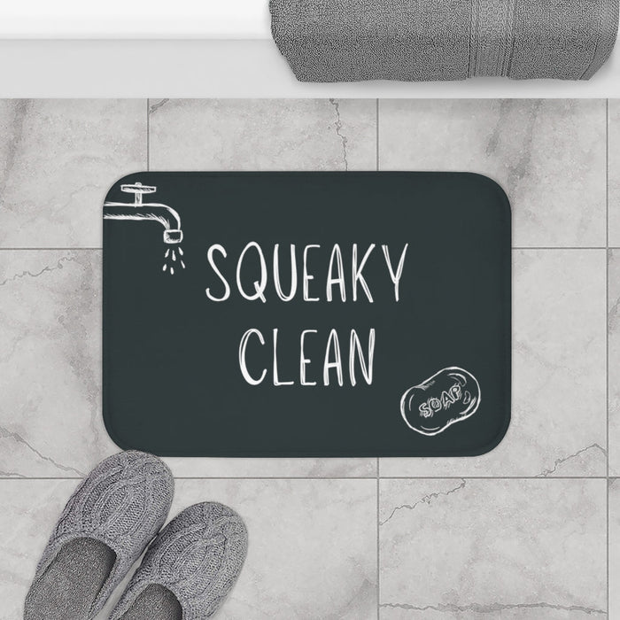 Clean and Tidy Bath Mat: dark charcoal gray, white cleanliness/bathroom theme, chalkboard, hand-drawn lettering style