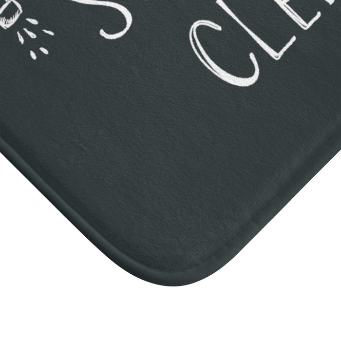 Clean and Tidy Bath Mat: dark charcoal gray, white cleanliness/bathroom theme, chalkboard, hand-drawn lettering style