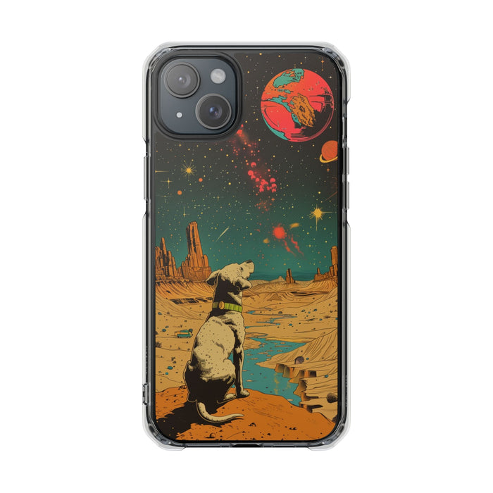 Clear Magnetic Case for iPhone Series with Vintage Canine Space Traveler Design: black, dark green dog in a surreal outer-spa