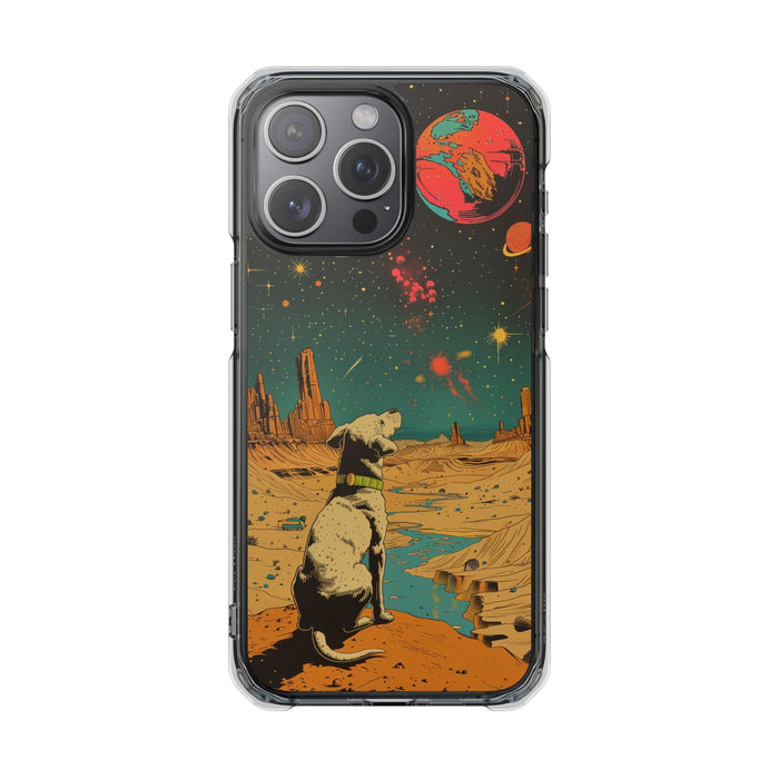 Clear Magnetic Case for iPhone Series with Vintage Canine Space Traveler Design: black, dark green dog in a surreal outer-spa
