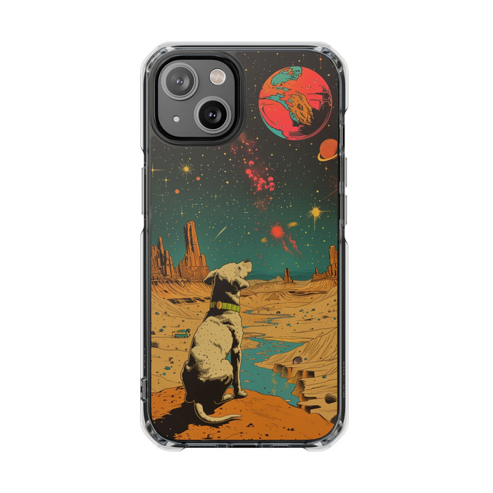 Clear Magnetic Case for iPhone Series with Vintage Canine Space Traveler Design: black, dark green dog in a surreal outer-spa