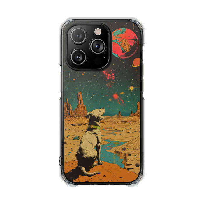 Clear Magnetic Case for iPhone Series with Vintage Canine Space Traveler Design: black, dark green dog in a surreal outer-spa