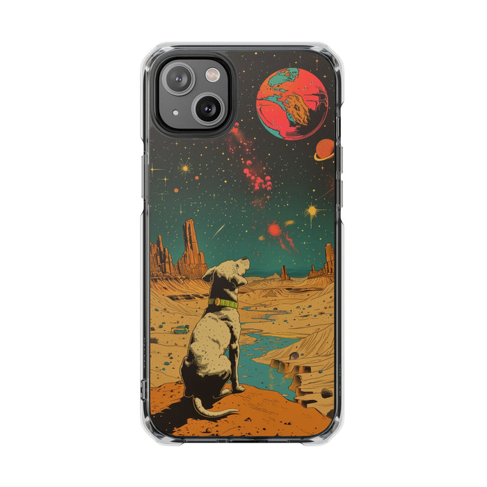Clear Magnetic Case for iPhone Series with Vintage Canine Space Traveler Design: black, dark green dog in a surreal outer-spa