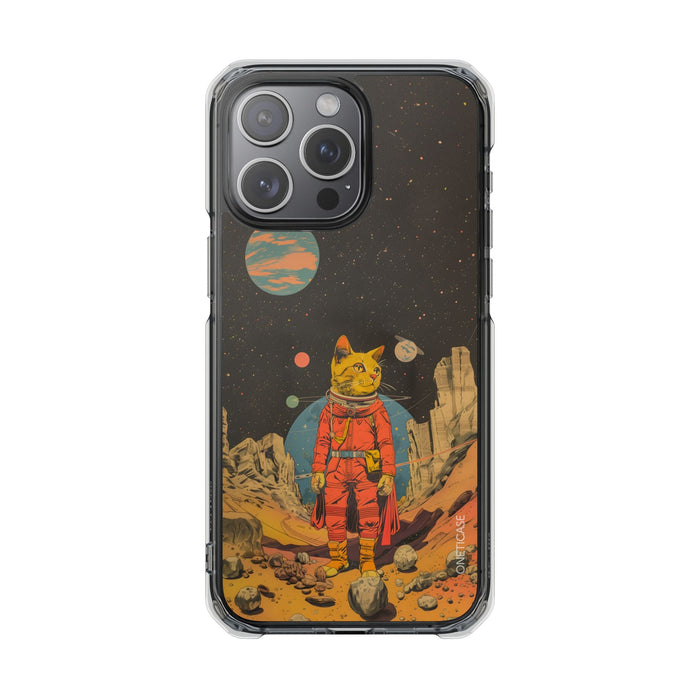 Clear Magnetic Case for iPhone Series with Vintage Feline Astronaut Design: black, clear cat astronaut on an alien landscape