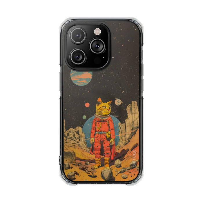 Clear Magnetic Case for iPhone Series with Vintage Feline Astronaut Design: black, clear cat astronaut on an alien landscape