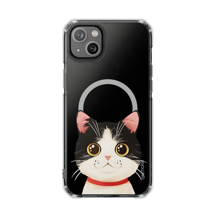 Clear Magnetic Tuxedo Cat Phone Case for iPhone Models: black, clear cartoon cat, kawaii cartoon style