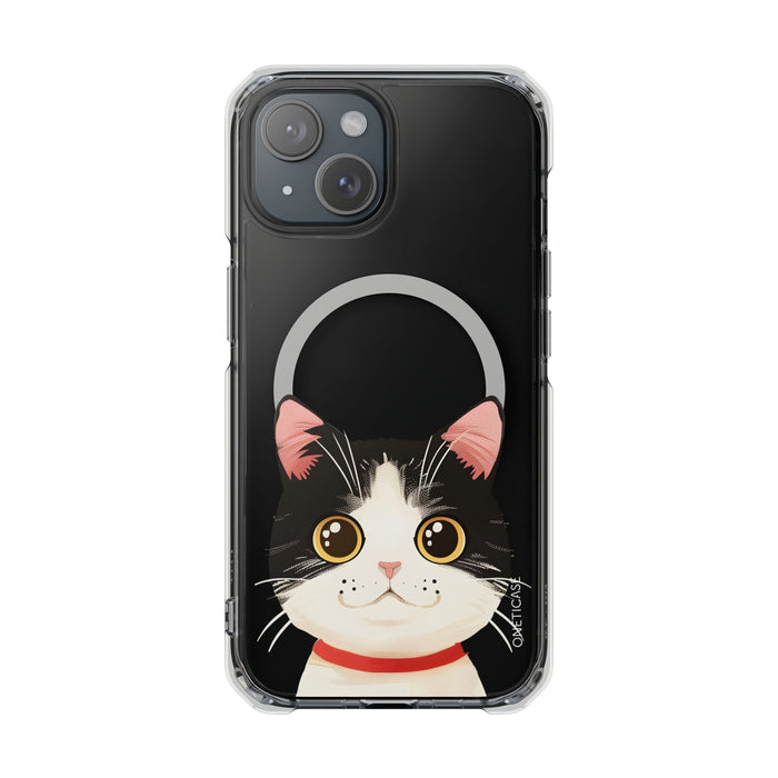 Clear Magnetic Tuxedo Cat Phone Case for iPhone Models: black, clear cartoon cat, kawaii cartoon style